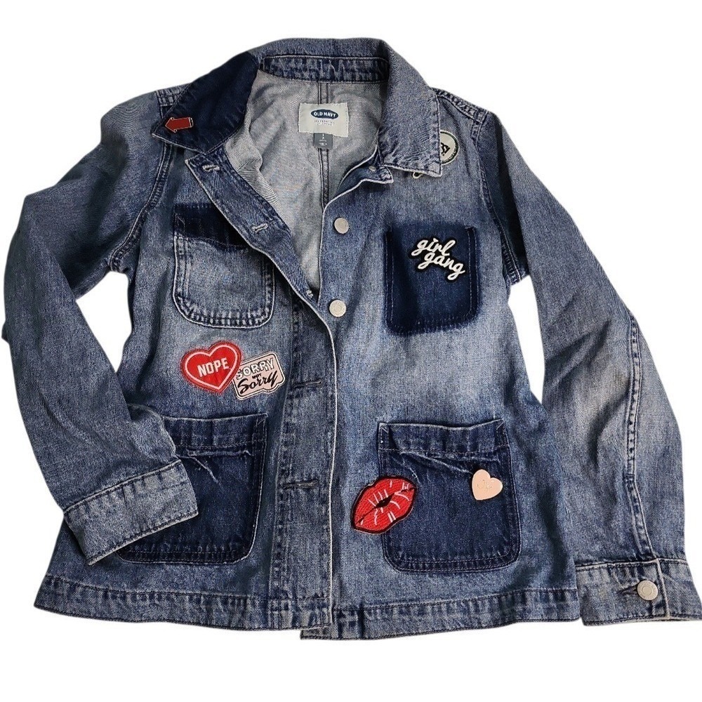 Old Navy Patch Denim Jacket Womens Small Petite Blue Y2K Graphic Streetwear